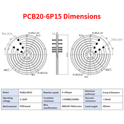 20mm Diameter Ultra Thin Conductive Slip Ring 6 Way 15A 100RPM