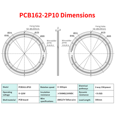162mm Large Aperture PCB Pancake Slip Ring Connector 2 Channel 10A 300RPM