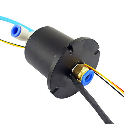 integrated pneumatic-electric slip ring with utilizes G1/4" ports and precious metal contacts for the uninterrupted rotary transmission of air, power, and network signals