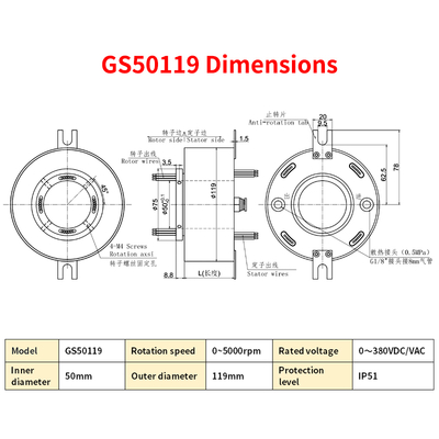 50mm Center Hole High Speed Slip Ring 5000rpm Wear Resistant Gold Plated