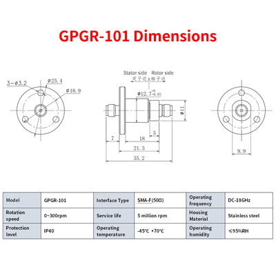 35.2mm Length High Frequency Slip Ring DC-18GHz IP40 Protection