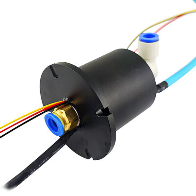 integrated pneumatic-electric slip ring with utilizes G1/4" ports and precious metal contacts for the uninterrupted rotary transmission of air, power, and network signals