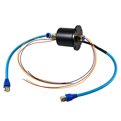integrated pneumatic-electric slip ring with utilizes G1/4" ports and precious metal contacts for the uninterrupted rotary transmission of air, power, and network signals