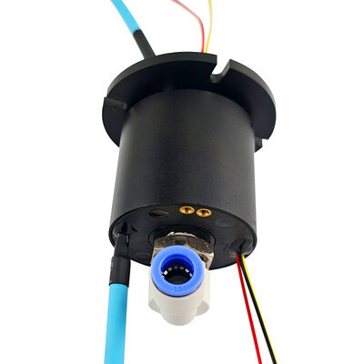integrated pneumatic-electric slip ring with utilizes G1/4" ports and precious metal contacts for the uninterrupted rotary transmission of air, power, and network signals